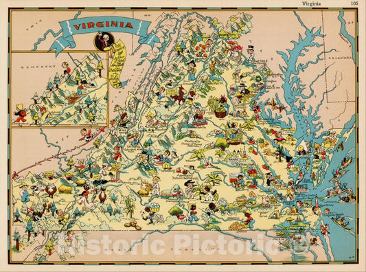 Historic Map : Virginia, 1935, Ruth Taylor White, v1, Vintage Wall Art
