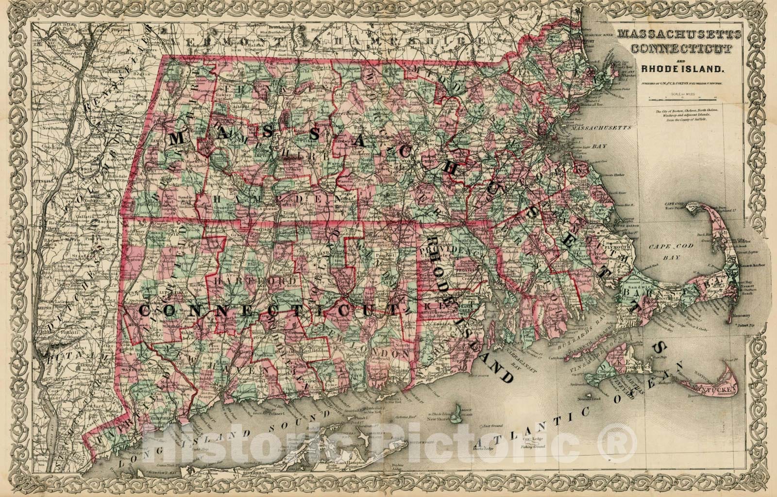 Historic Map : Massachusetts Connecticut and Rhode Island , 1864, G.W. & C.B. Colton, Vintage Wall Art