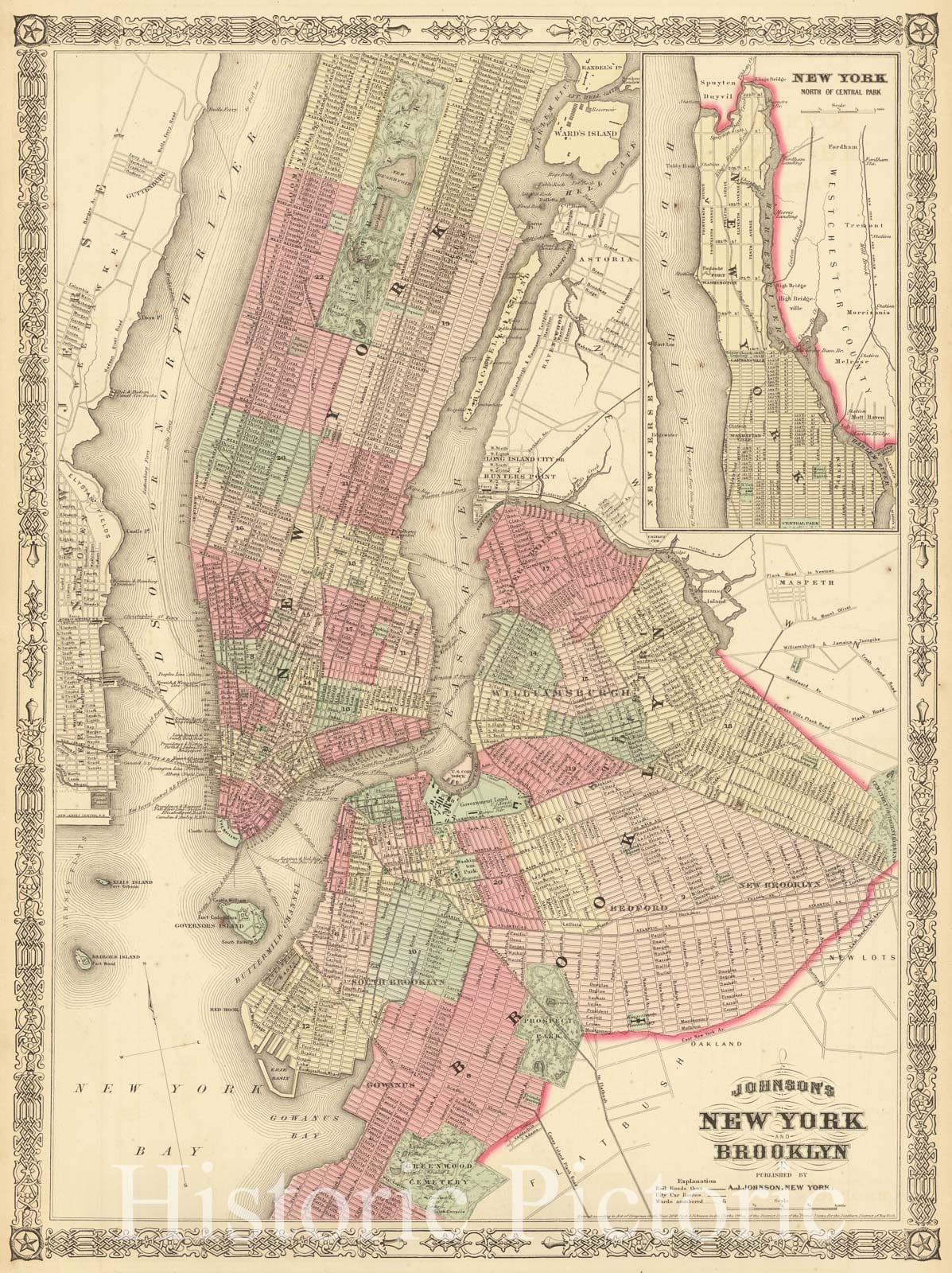 Historic Map : Johnson's New York and Brooklyn, 1866, Alvin Jewett Johnson, Vintage Wall Art