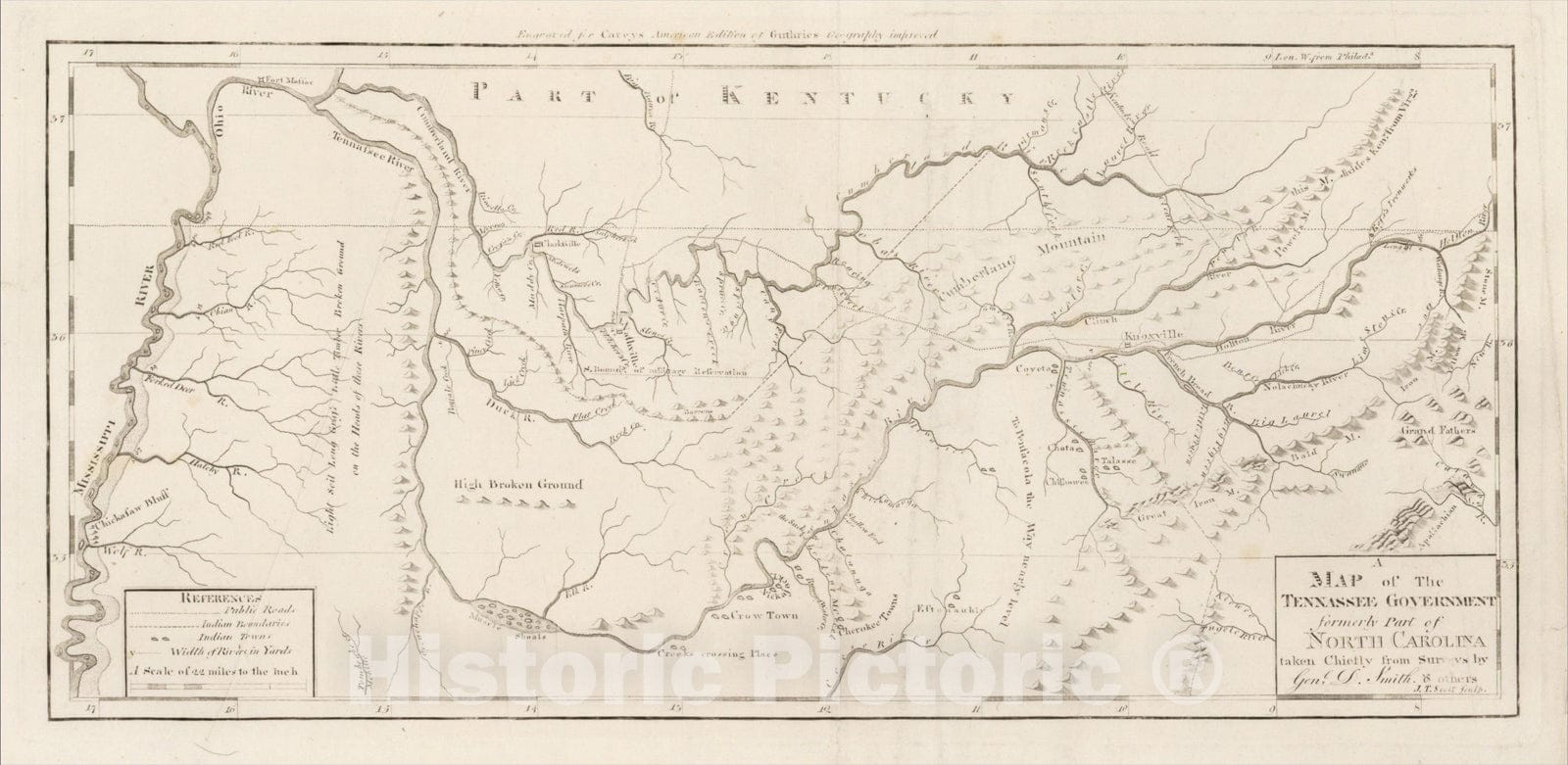 Historic Map : A Map of The Tennassee Government formerly Part of North Carolina taken Chiefly from Surveys By Gen.l D. Smith & others. J.T. Scott Sculp., 1795, Vintage Wall Art