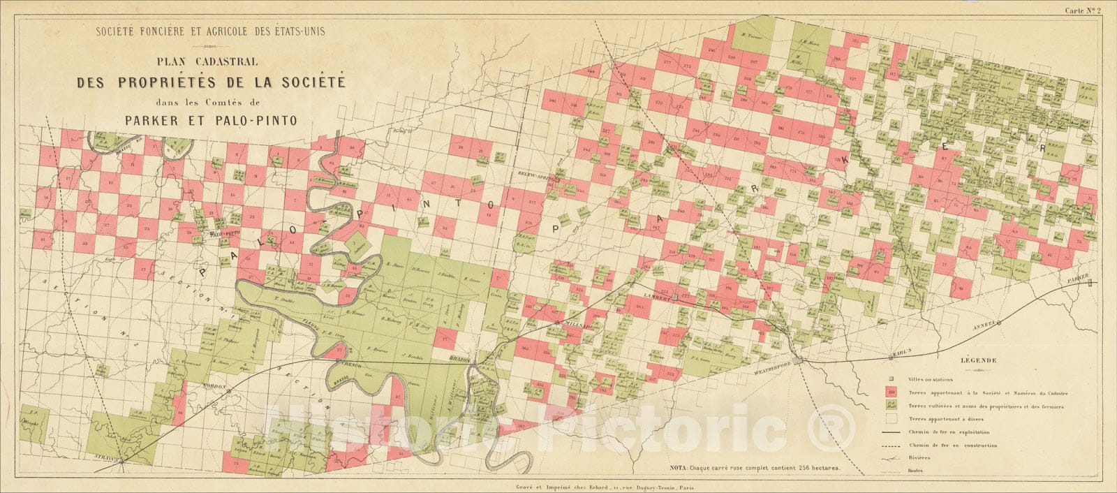Historic Map : Societe Fonciere et Agricole des Etats-Unis -- Plan Cadastral des Proprietes de la Societe dans les Comtes de Parker et Palo-PInto, c1879, Vintage Wall Art