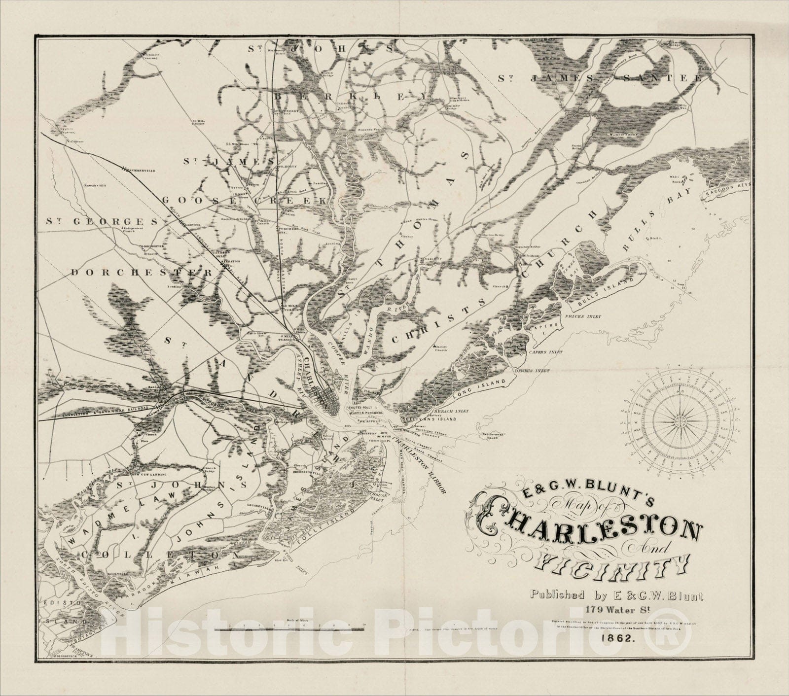 Historic Map : E & G.W. Blunt's Map of Charleston And Vicinity Published by E & G.W. Blunt, 1862, 1862, , Vintage Wall Art