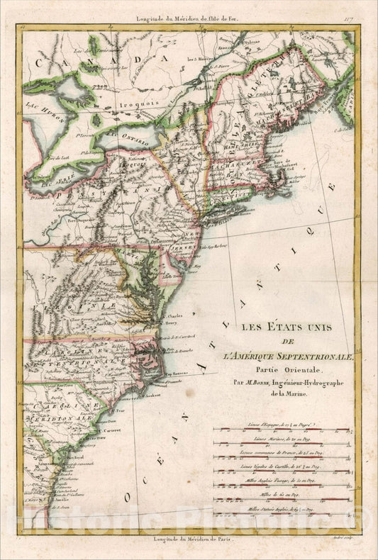 Historic Map : Les Etats Unis de L'Amerique Septentrionale, Partie Orientale, 1787, Rigobert Bonne, Vintage Wall Art