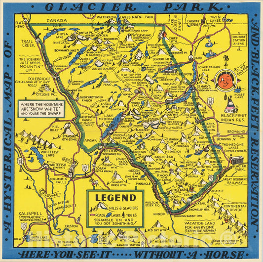 Historic Map : A Hysterical Map of Glacier Park and Blackfeet Reservation, 1938, Lindgren Brothers, v1, Vintage Wall Art
