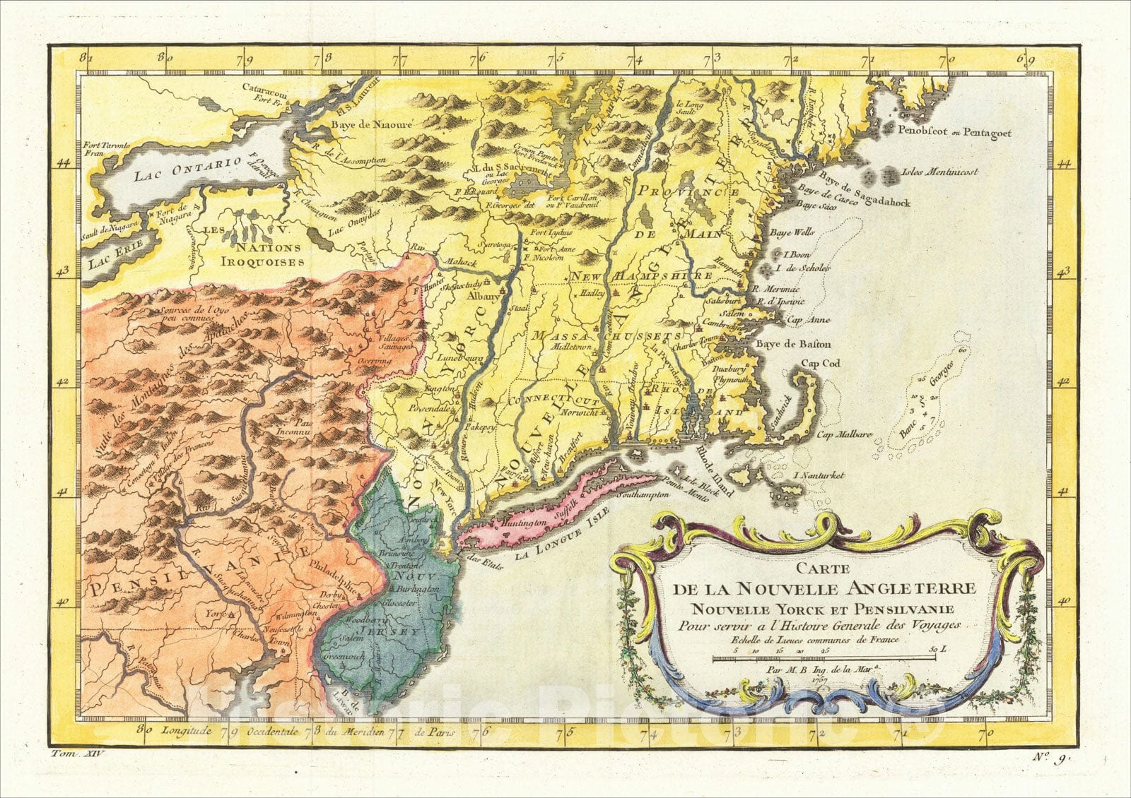 Historic Map : Carte De La Nouvelle Angleterre Nouvelle Yorck et Pensilvanie , 1757, Jacques Nicolas Bellin, Vintage Wall Art