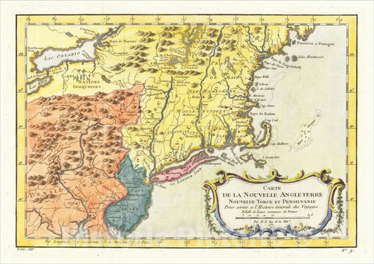 Historic Map : Carte De La Nouvelle Angleterre Nouvelle Yorck et Pensilvanie , 1757, Jacques Nicolas Bellin, Vintage Wall Art