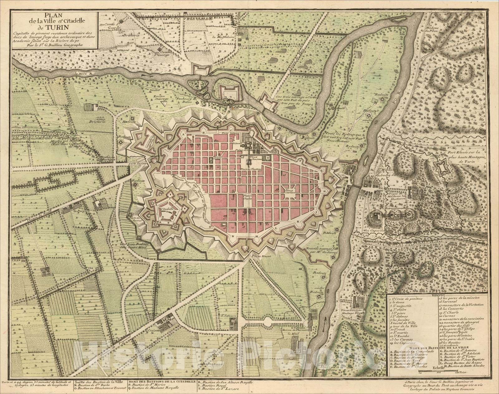 Historic Map : Plan de la ville et Citadelle de Turin Capitalle de piemont residence ordinaire des ducs de Savoye Siege dun archeveque, c1700, Vintage Wall Art