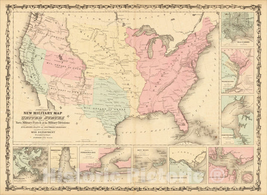Historic Map : Military Map of the United States Forts, Military Posts & all the Military Divisions with Enlarged Plans of the Southern Harbors, 1862, Vintage Wall Art