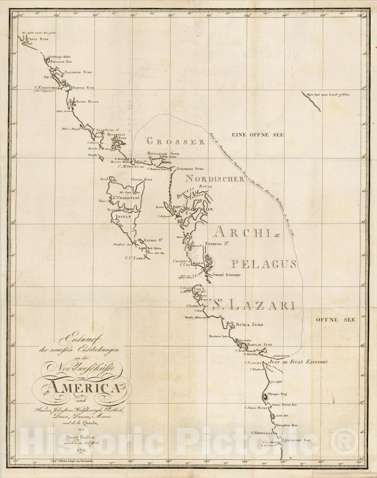 Historic Map : Entwurf der neuesten Entdeckungen an der Nordwestkuste von America nach Hanna, Johnstone, 1791, Georg Forster, Vintage Wall Art