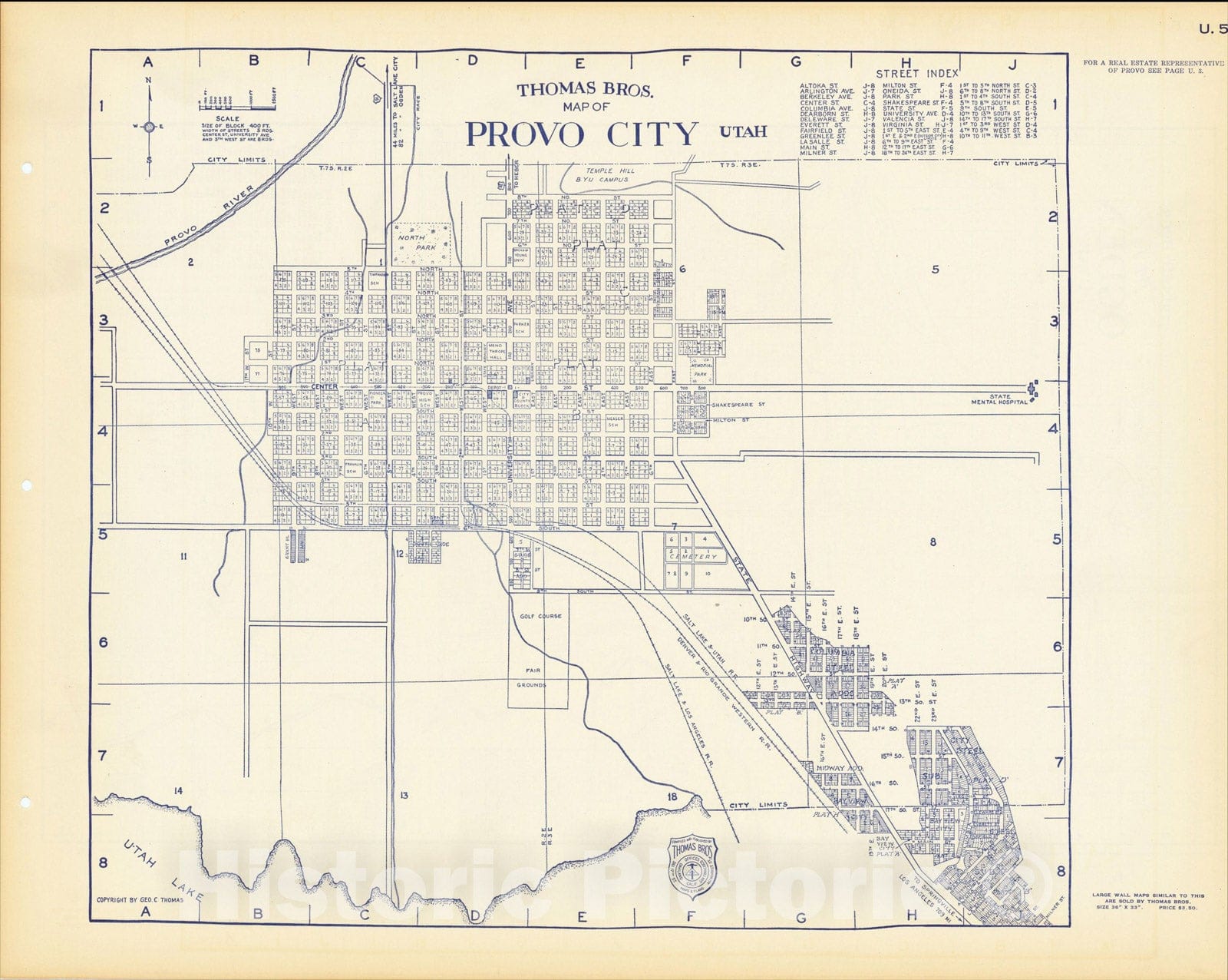 Historic Map : Thomas Bros. Map of Provo City, Utah (Ogden on Verso), 1920, Thomas Brothers, Vintage Wall Art
