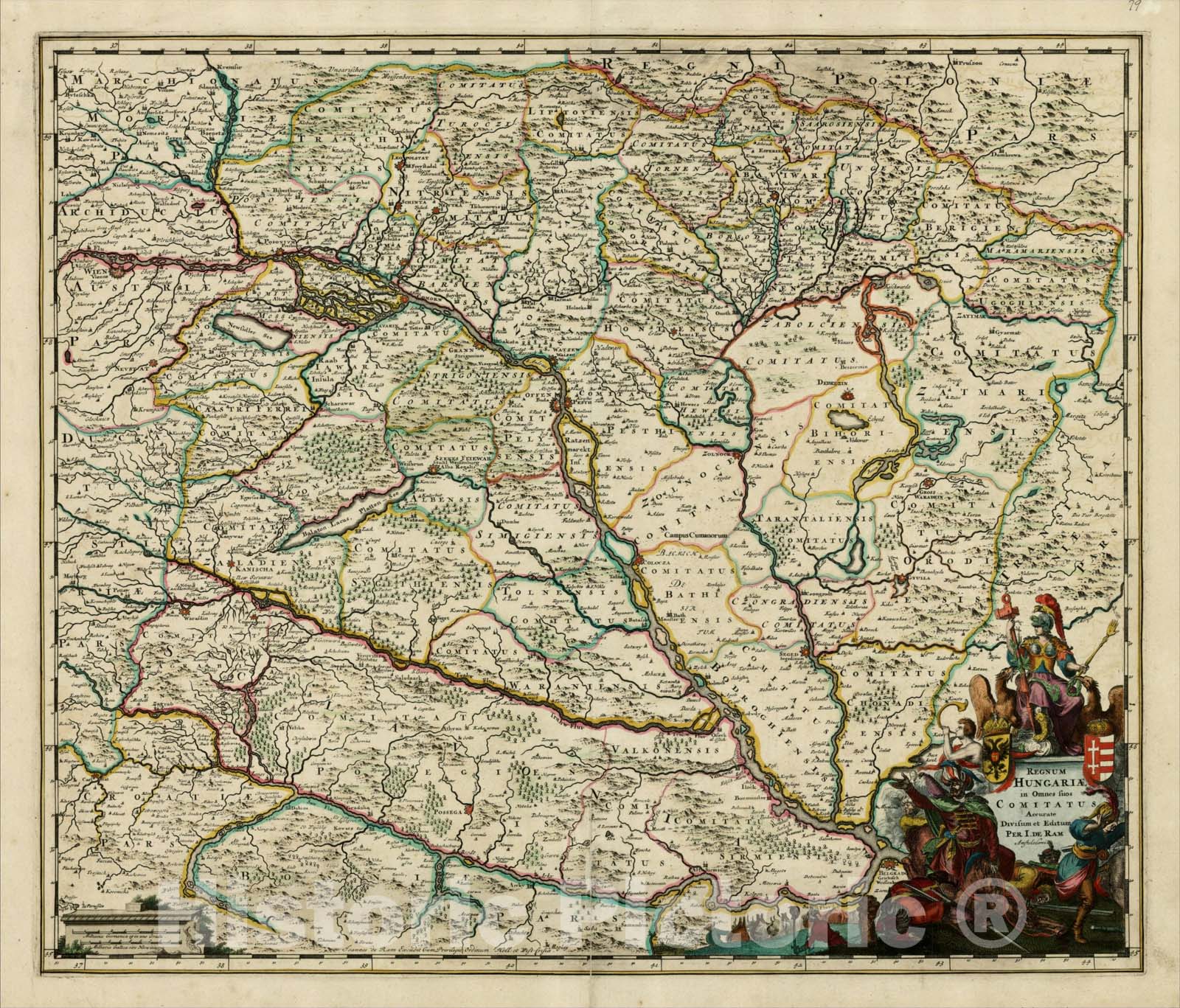 Historic Map : Regnum Hungariae in Omnes suos Comitatus Accurate Divisum Editum Per I. de Ram., c1680, , Vintage Wall Art