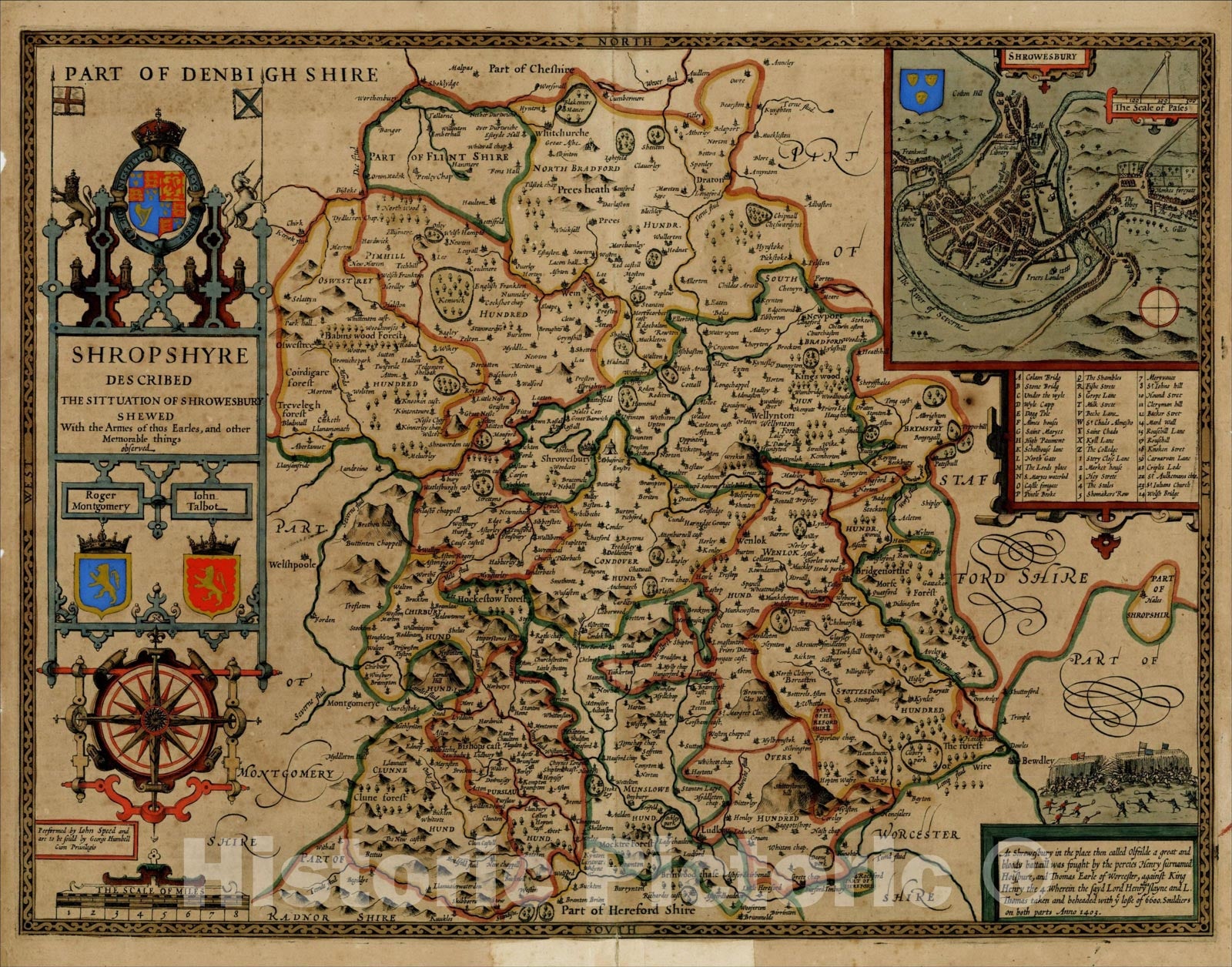 Historic Map : Shropshyre Described The Situation of Showesbury Shewed With the Armies of thos Earles, and other Memorable thinbs observed, 1612, John Speed, Vintage Wall Art