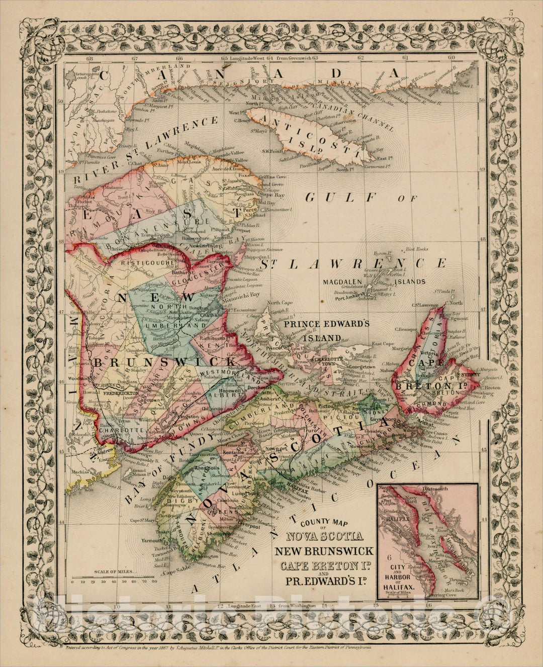 Historic Map : County Map of Nova Scotia New Brunswick Cape Breton Island and Pr. Edward Is., 1867, Samuel Augustus Mitchell Jr., Vintage Wall Art