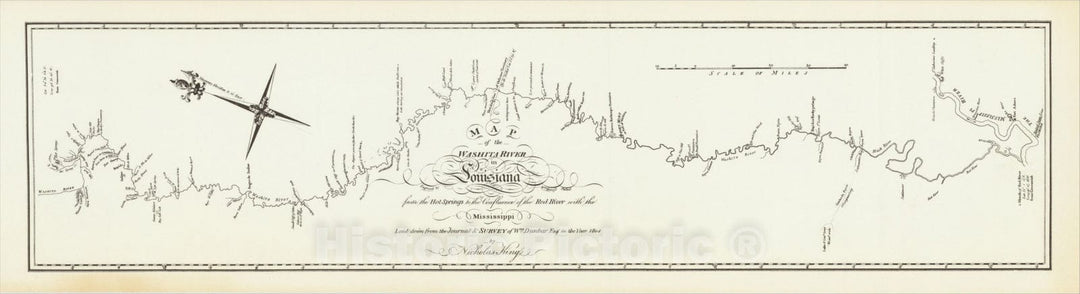 Historic Map : Map of the Washita River in Louisiana from the Hot Springs to the confluence of the Red River with the Mississippi, 1804, George T. Dunbar, v1, Vintage Wall Art