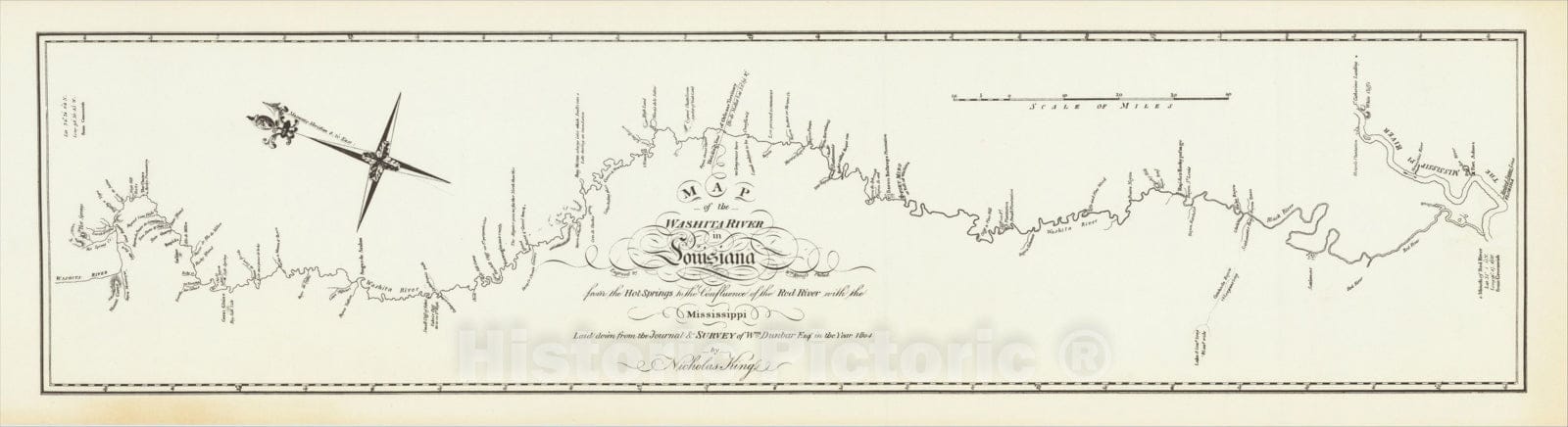 Historic Map : Map of the Washita River in Louisiana from the Hot Springs to the confluence of the Red River with the Mississippi, 1804, George T. Dunbar, v1, Vintage Wall Art