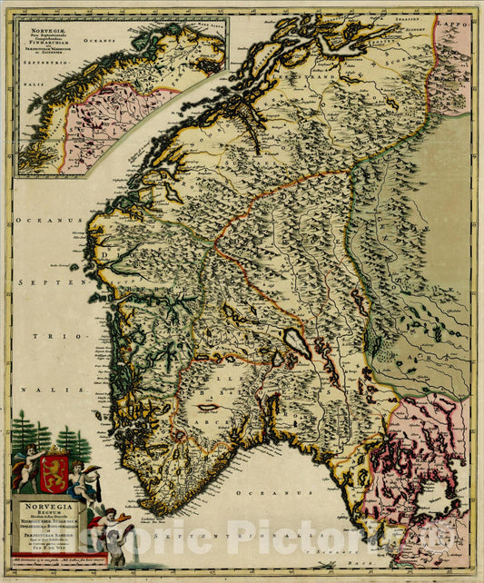 Historic Map : Norvegia Regnum Divisum in sua Dioceses , 1680, Frederick De Wit, Vintage Wall Art