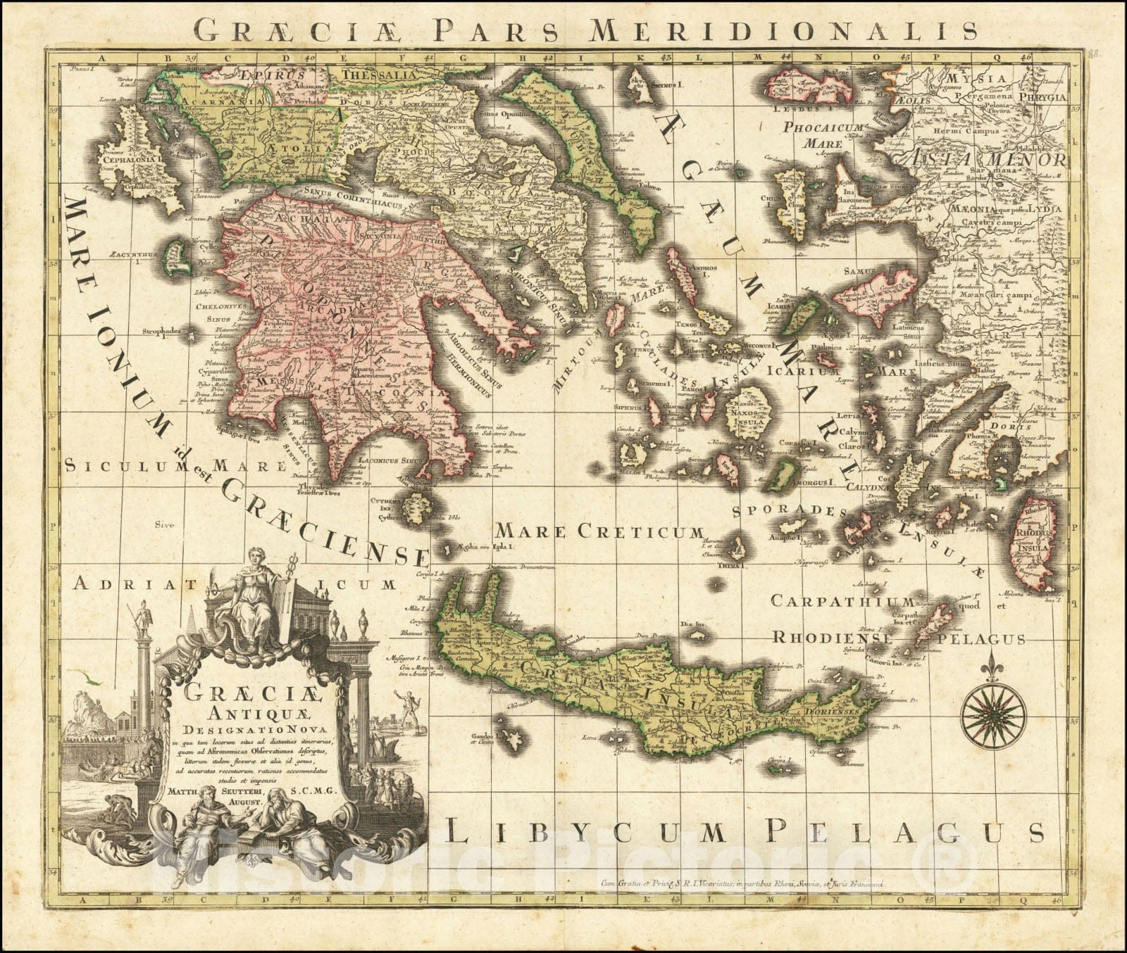 Historic Map : Graeciae Antiquae Tabula Nova in qua locarum situs tum ad distantia itenerarias, 1740, Matthaus Seutter, Vintage Wall Art