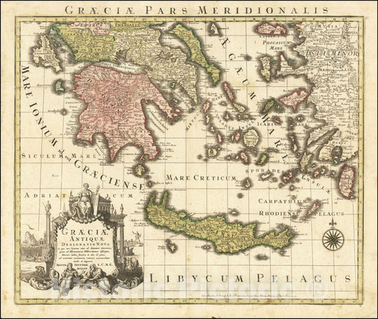 Historic Map : Graeciae Antiquae Tabula Nova in qua locarum situs tum ad distantia itenerarias, 1740, Matthaus Seutter, Vintage Wall Art