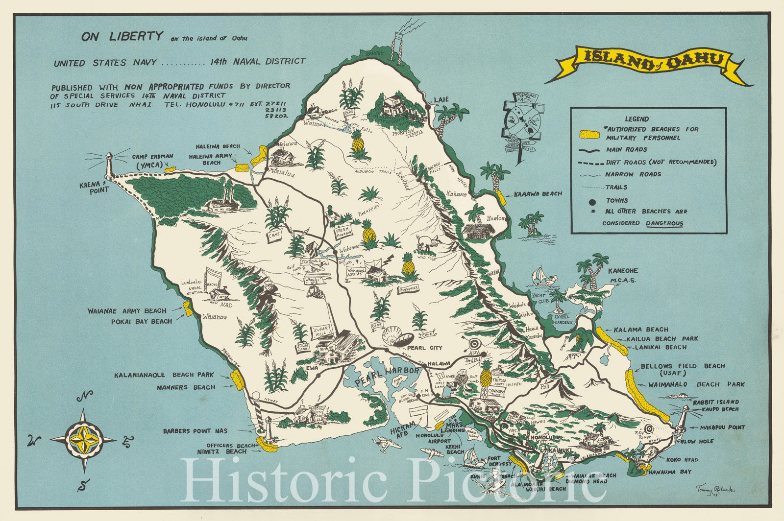 Historic Map : On Liberty on the Island of Oahu, 1953, Tommy Robuck, v2, Vintage Wall Art
