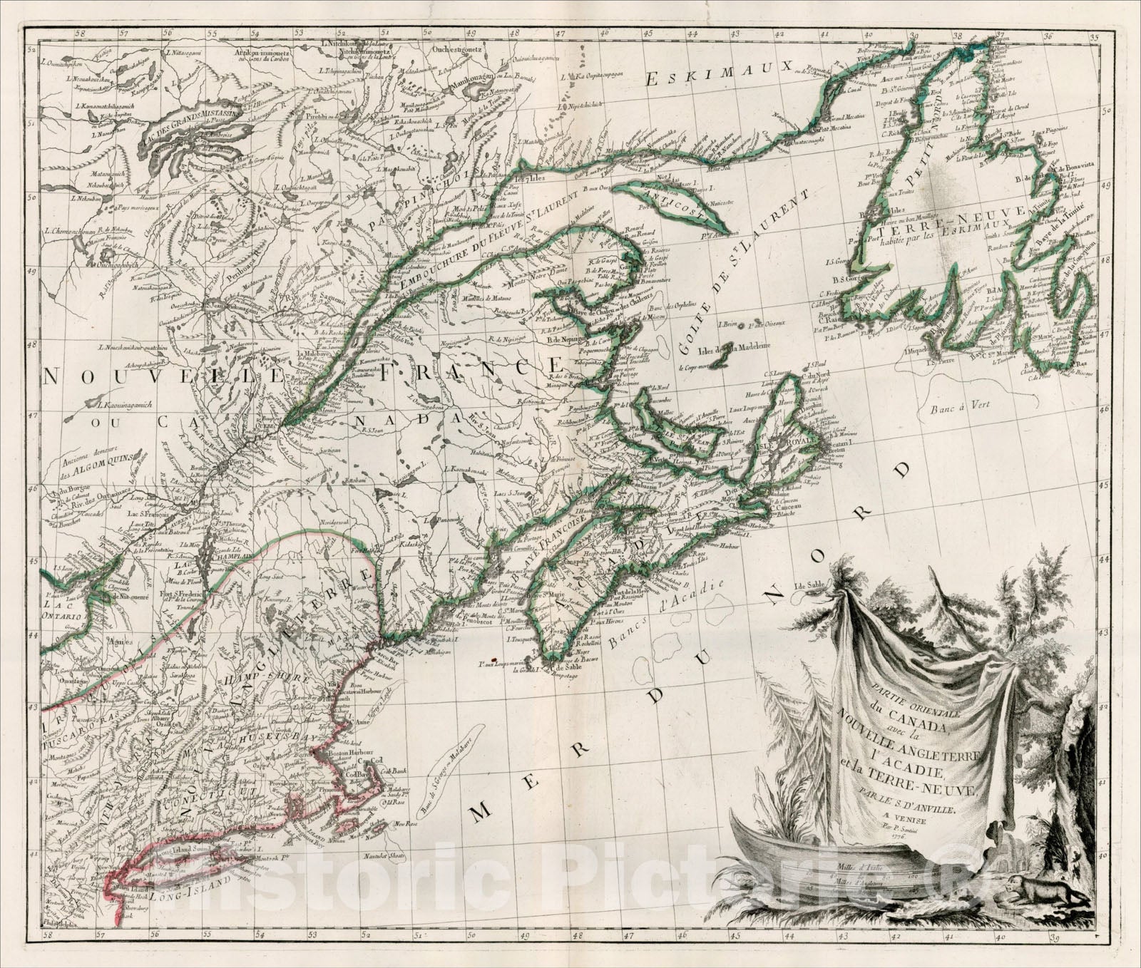 Historic Map : Partie Orientale du Canada, avec la Nouvelle Angleterre, l'Acadie, et la Terre-Neuve, par le S. D'Anville, 1776, 1776, Paolo Santini, Vintage Wall Art