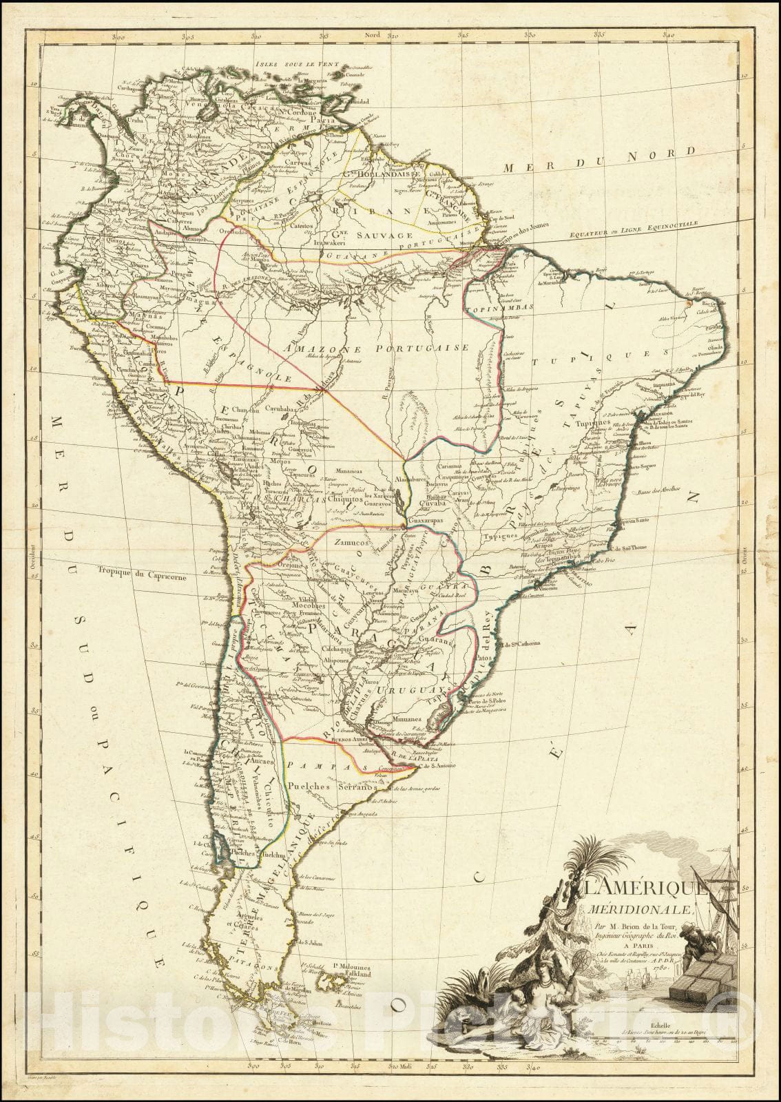 Historic Map : L'Amerique Meridionale, 1780, 1780, Jacques Esnauts, Vintage Wall Art