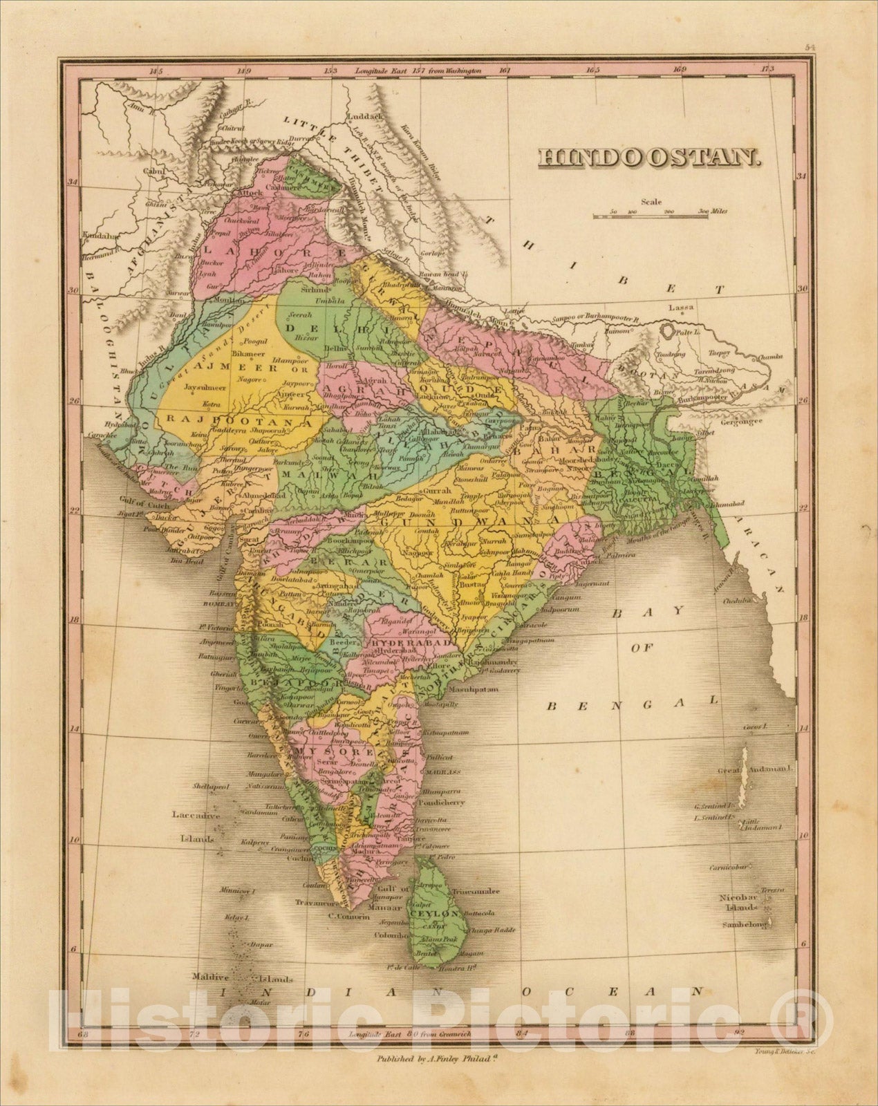 Historic Map : Hindoostan, 1824, Anthony Finley, Vintage Wall Art