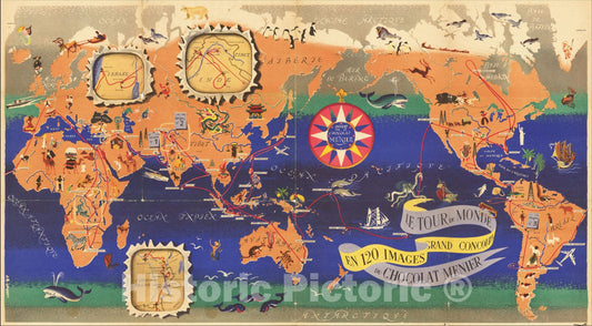 Historic Map : Le Tour du Monde en 120 Images Grand Concours du Chocalat Menier, 1956, J.B. Jannot, Vintage Wall Art