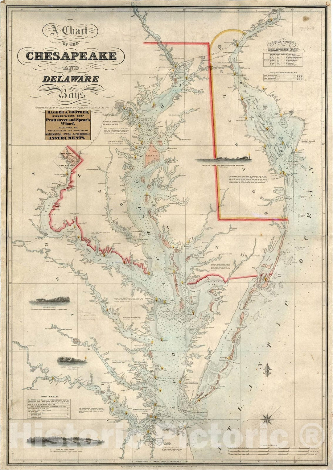 Historic Map : A Chart of the Chesapeake and Delaware Bays., 1852, Fielding Lucas Jr., Vintage Wall Art