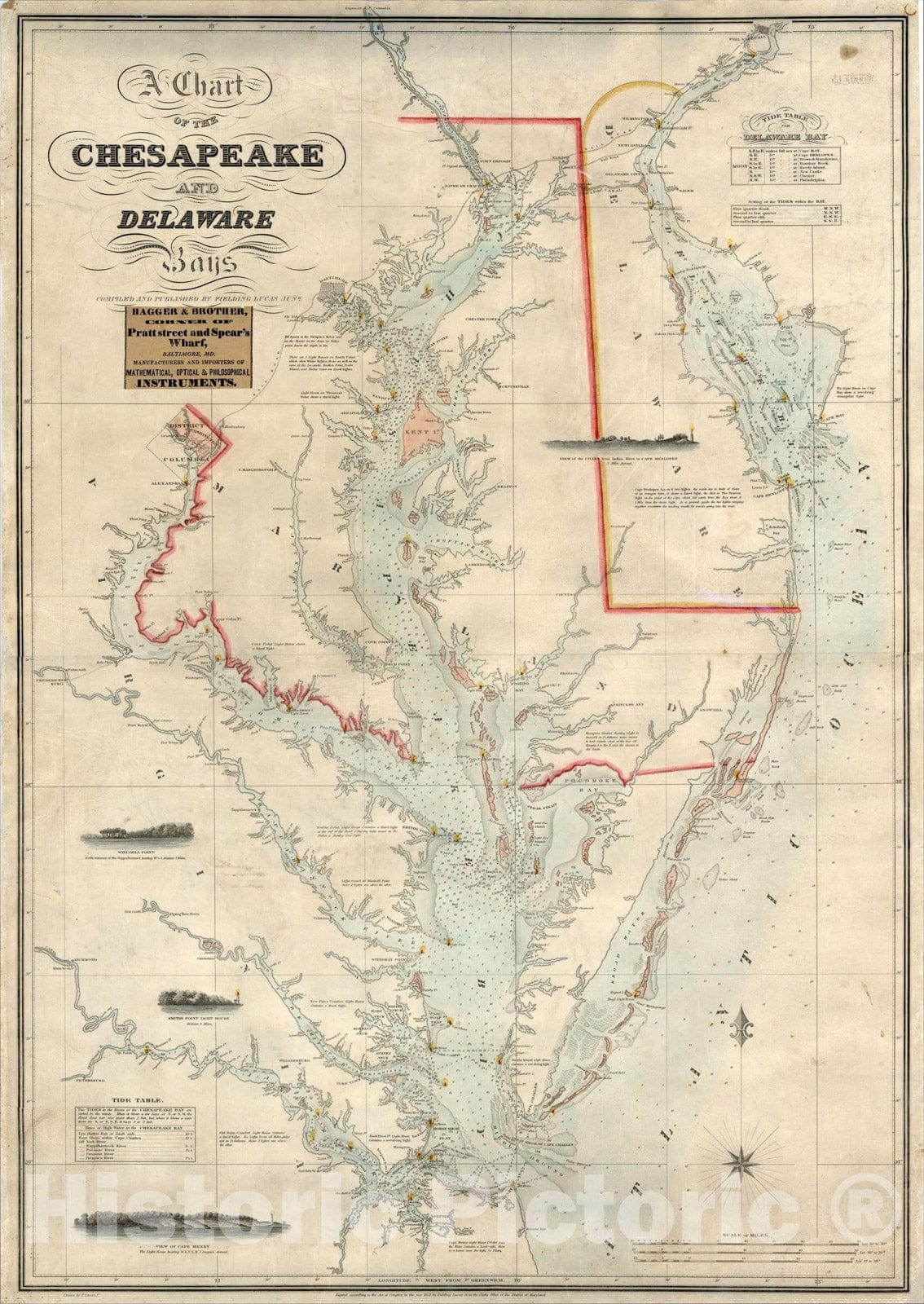 Historic Map : A Chart of the Chesapeake and Delaware Bays., 1852, Fielding Lucas Jr., Vintage Wall Art