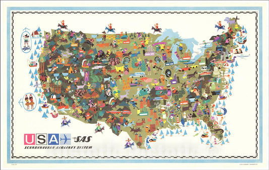 Historic Map : USA SAS Scandinavian System, 1961, Scandinavian Airlines Systems, Vintage Wall Art