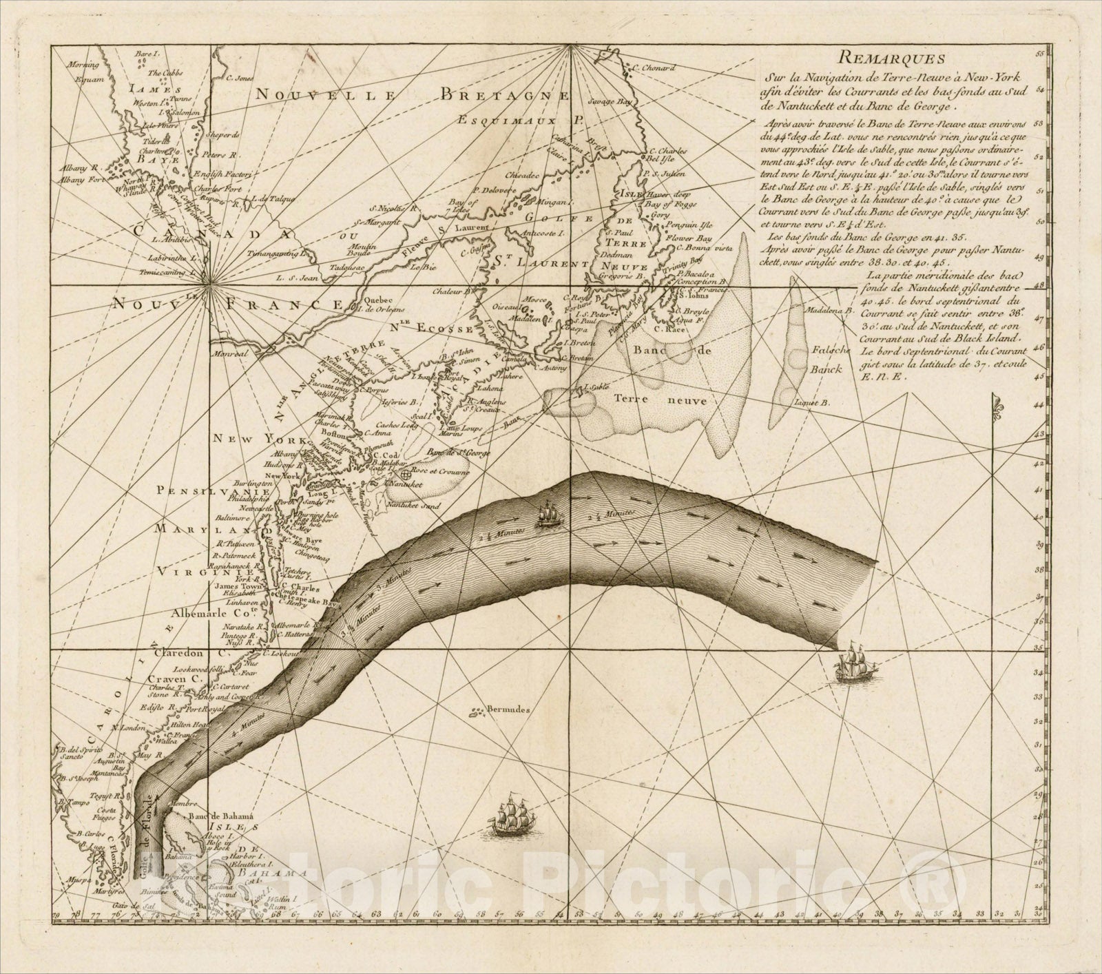 Historic Map : Benjamin Franklin's Chart of the Gulf Stream] Remarques Sur la Navigation de Terre-Neuve a New York, 1782, George Louis Le Rouge, Vintage Wall Art
