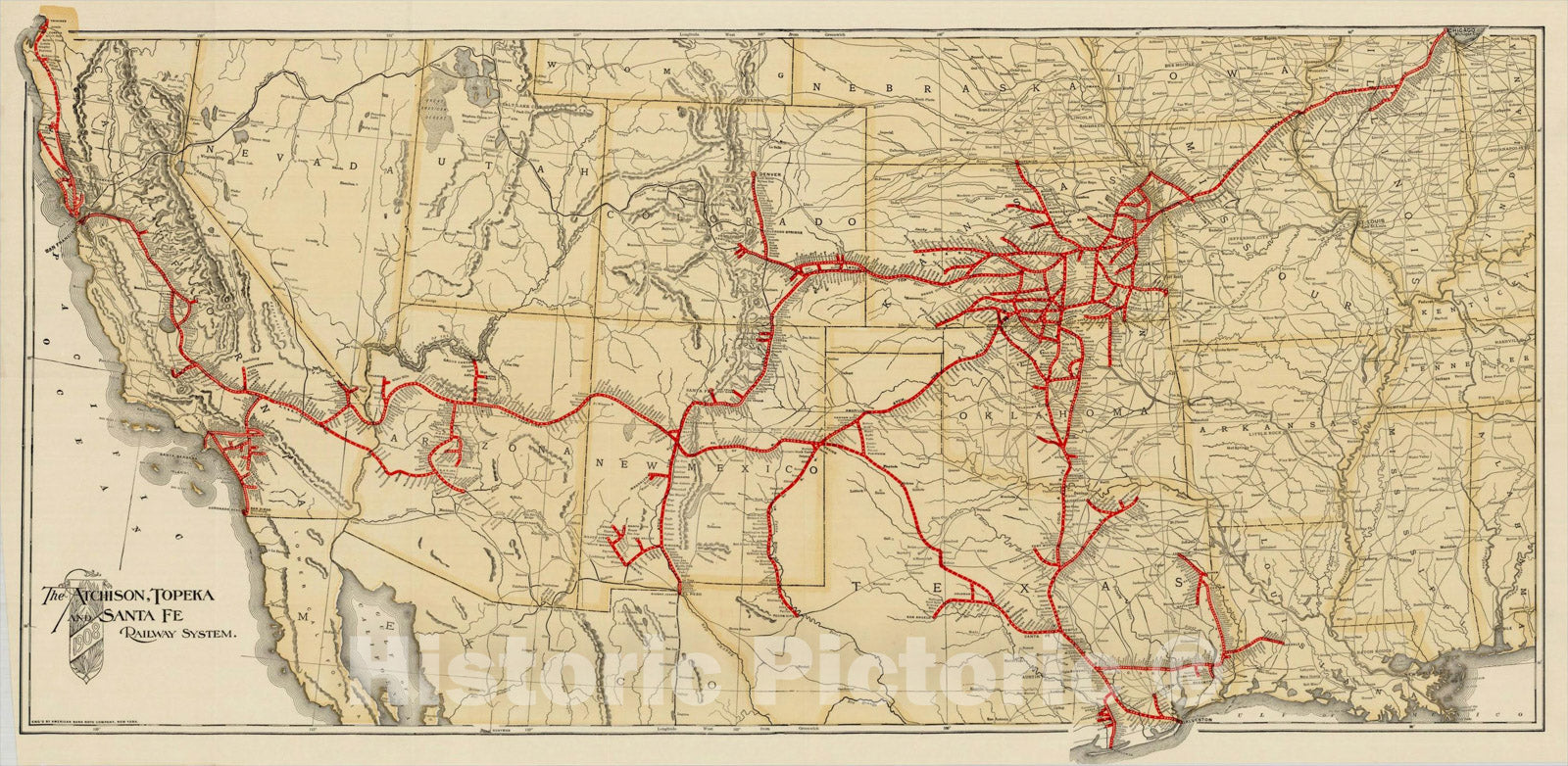 Historic Map : The Atchison, Topeka and Santa Fe Railroad System. 1908, 1908, , Vintage Wall Art