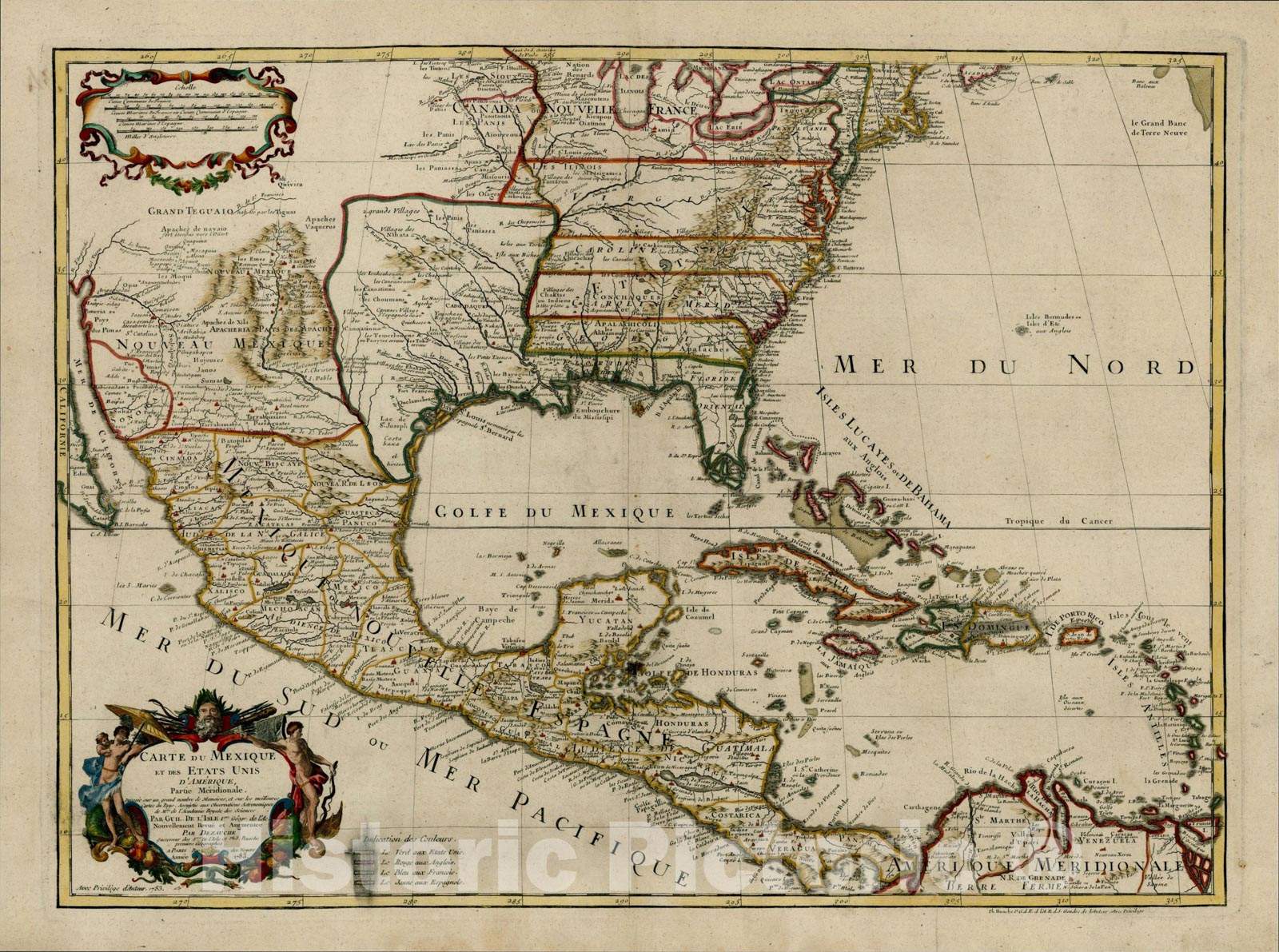 Historic Map : Carte Du Mexique Et Des Etats Unis d'Amerique, Partie Meridionale, 1783, 1783, Jean Andr?Dezauche, Vintage Wall Art