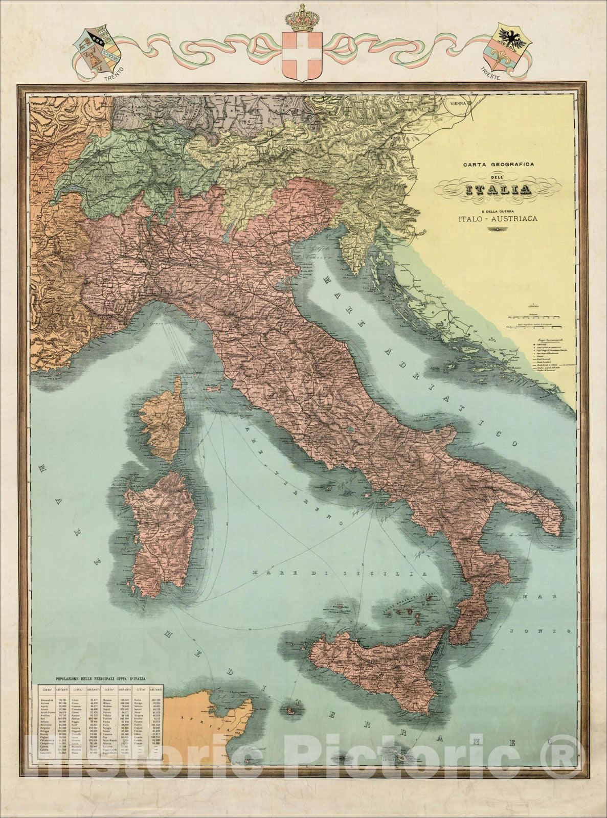 Historic Map : Carta Geografica Dell' Italia E Della Guerra Italo-Austriaca, c1915, Anonymous, Vintage Wall Art