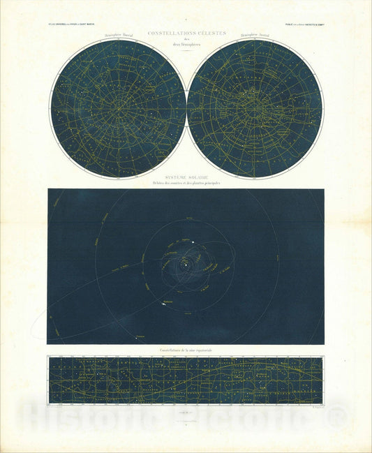 Historic Map : Comets & Constellations, Constellations Celestes des deux Hemispheres, 1877, Louis Vivien de Saint-Martin, Vintage Wall Art