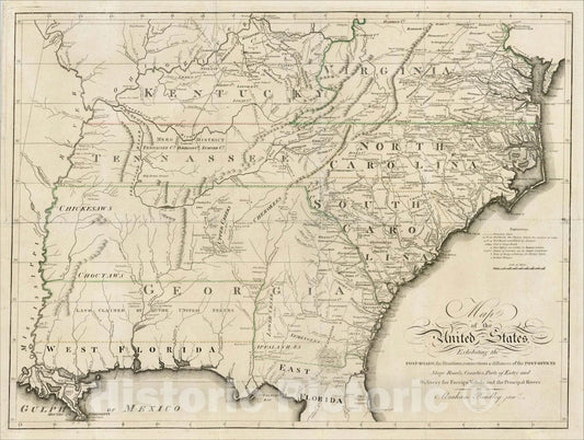 Historic Map : United States, connections & distances of Post-Offices Stage Roads, Counties, Ports of Entry and Delivery for Foreign Vessels, 1796, Vintage Wall Art