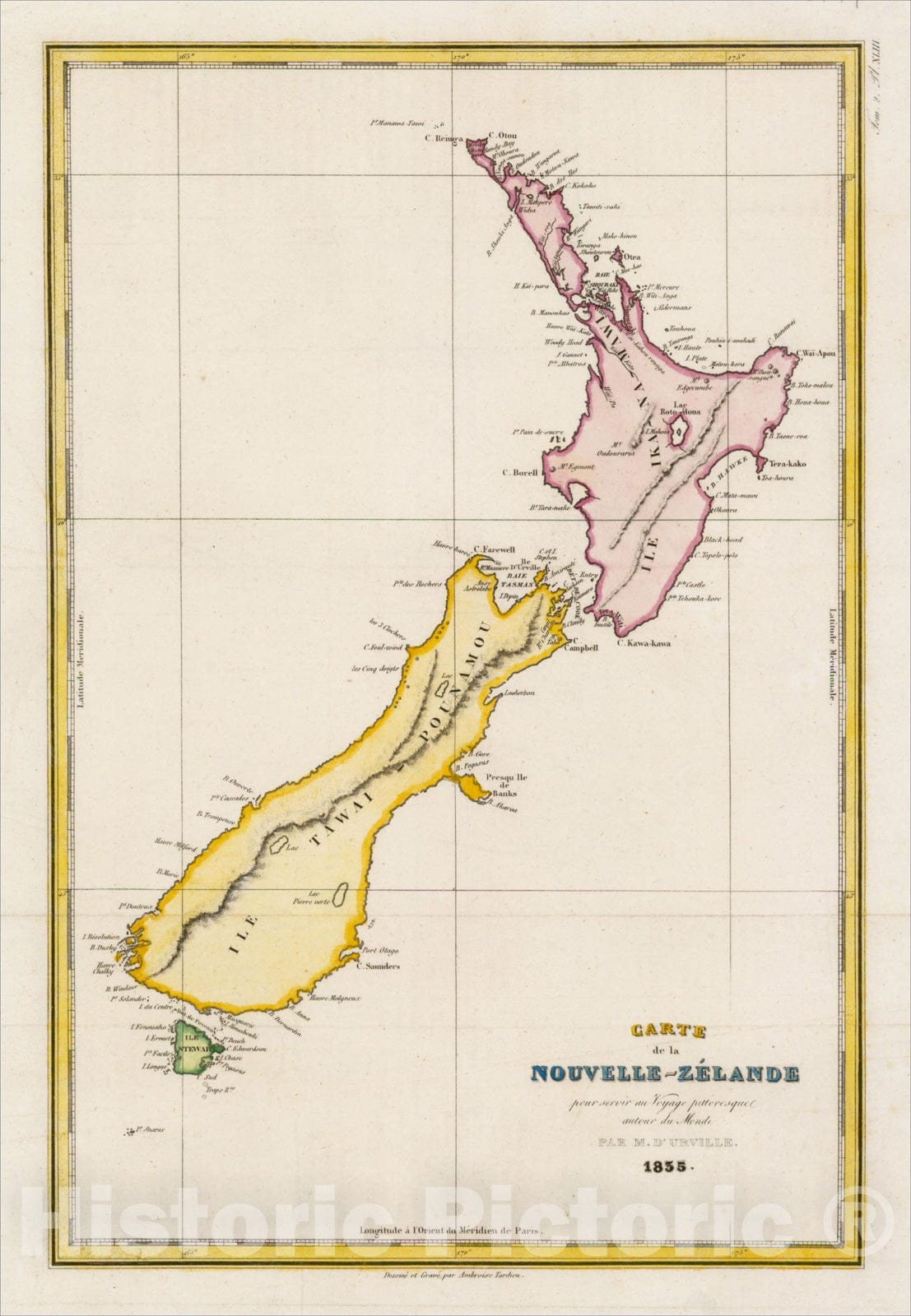 Historic Map : Carte de la Nouvelle-Zelande pour Servir au Voyage Pittoresque autour du Monde, 1835, 1835, Jules Sebastian Cesar Dumont-D'Urville, v1, Vintage Wall Art