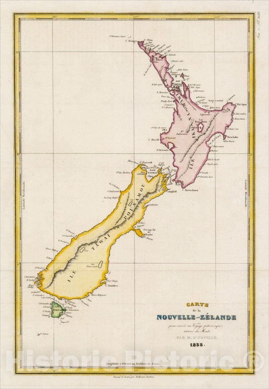 Historic Map : Carte de la Nouvelle-Zelande pour Servir au Voyage Pittoresque autour du Monde, 1835, 1835, Jules Sebastian Cesar Dumont-D'Urville, v1, Vintage Wall Art
