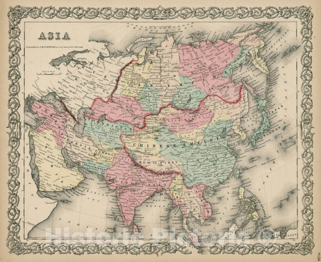Historic Map : Asia, 1855, Joseph Hutchins Colton, Vintage Wall Art