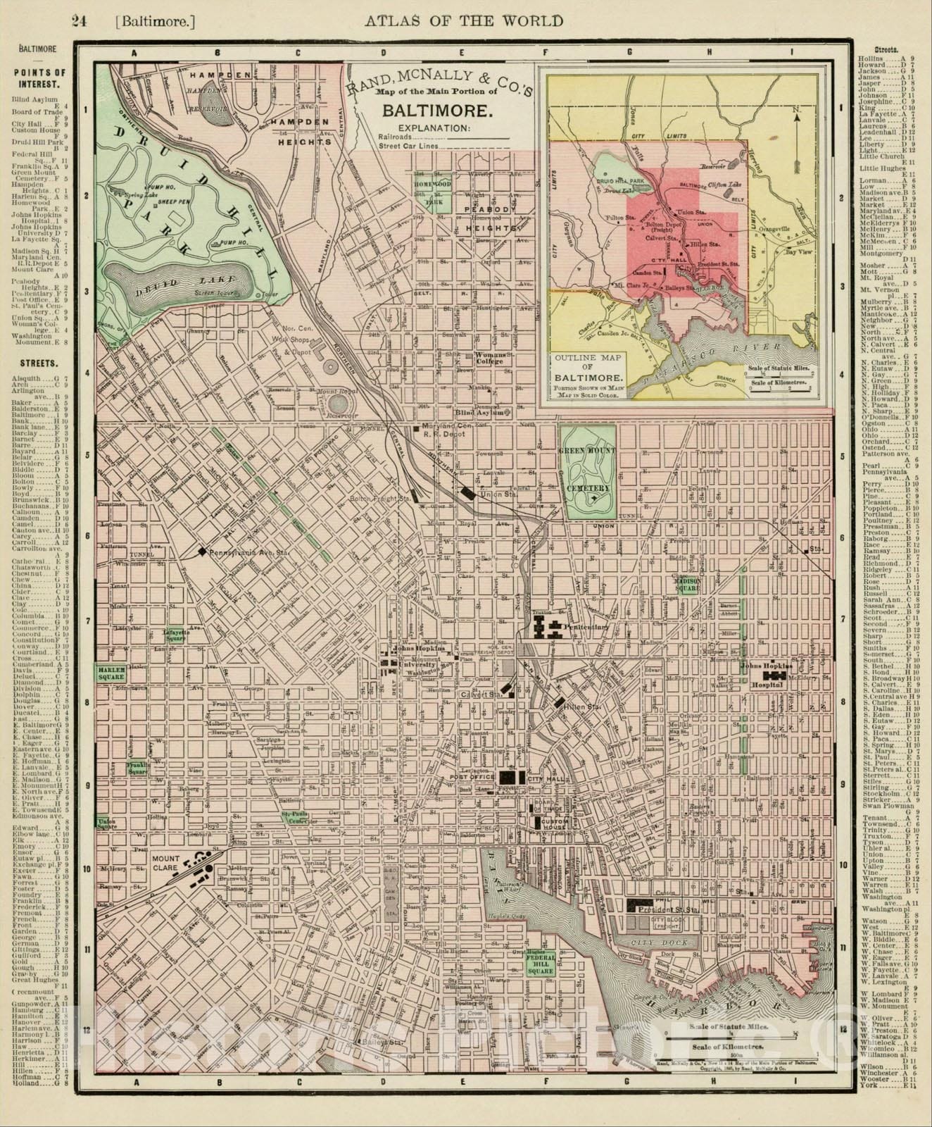 Historic Map : Rand McNally & Cos. Map of the Main Part of Baltimore, c1895, Rand McNally & Company, Vintage Wall Art
