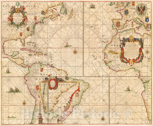 Historic Map : West-Indische Paskaert waer in de graden der breedde, c1680, Pieter Goos, Vintage Wall Art