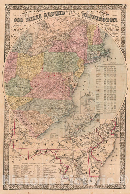 Historic Map : Map of the Country 500 Miles Around the City of Washington, Showing the Seat of War in the East., 1862, G.W. Colton, Vintage Wall Art