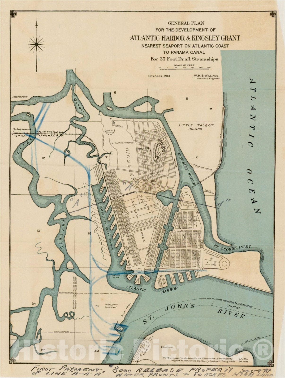 Historic Map : General Plan For The Development of Atlantic Harbor & Kingsley Grant Nearest Sepaort on Atlantic Coast to Panama, 1913, W H B Williams, Vintage Wall Art