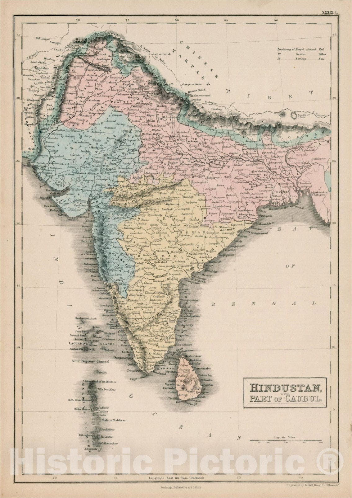 Historic Map : Hindustan with Part of Cabul, 1854, Adam & Charles Black, Vintage Wall Art