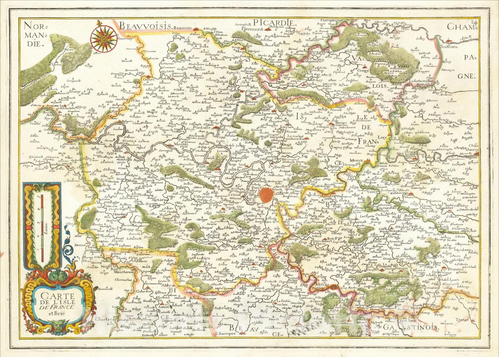 Historic Map : Carte De L'Isle De France et Brie, 1637, Christopher Tassin, Vintage Wall Art