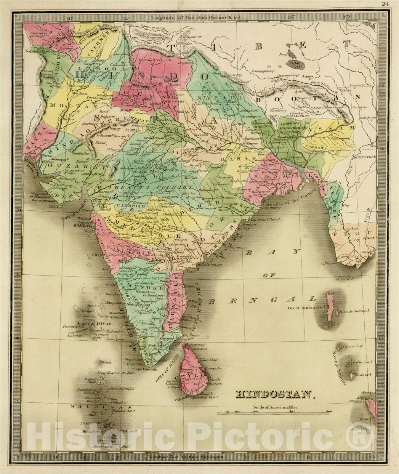 Historic Map : Hindostan, 1842, Jeremiah Greenleaf, Vintage Wall Art