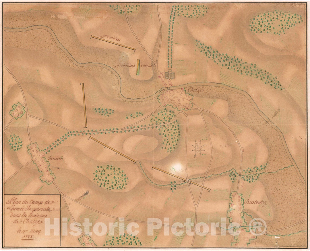 Historic Map : [Austrian Army Positions in Moravia, May 1758] . Plan du Campe de L'Armee Imperiale dans les Environs de Chotze le 4me May 1758., 1758, Vintage Wall Art