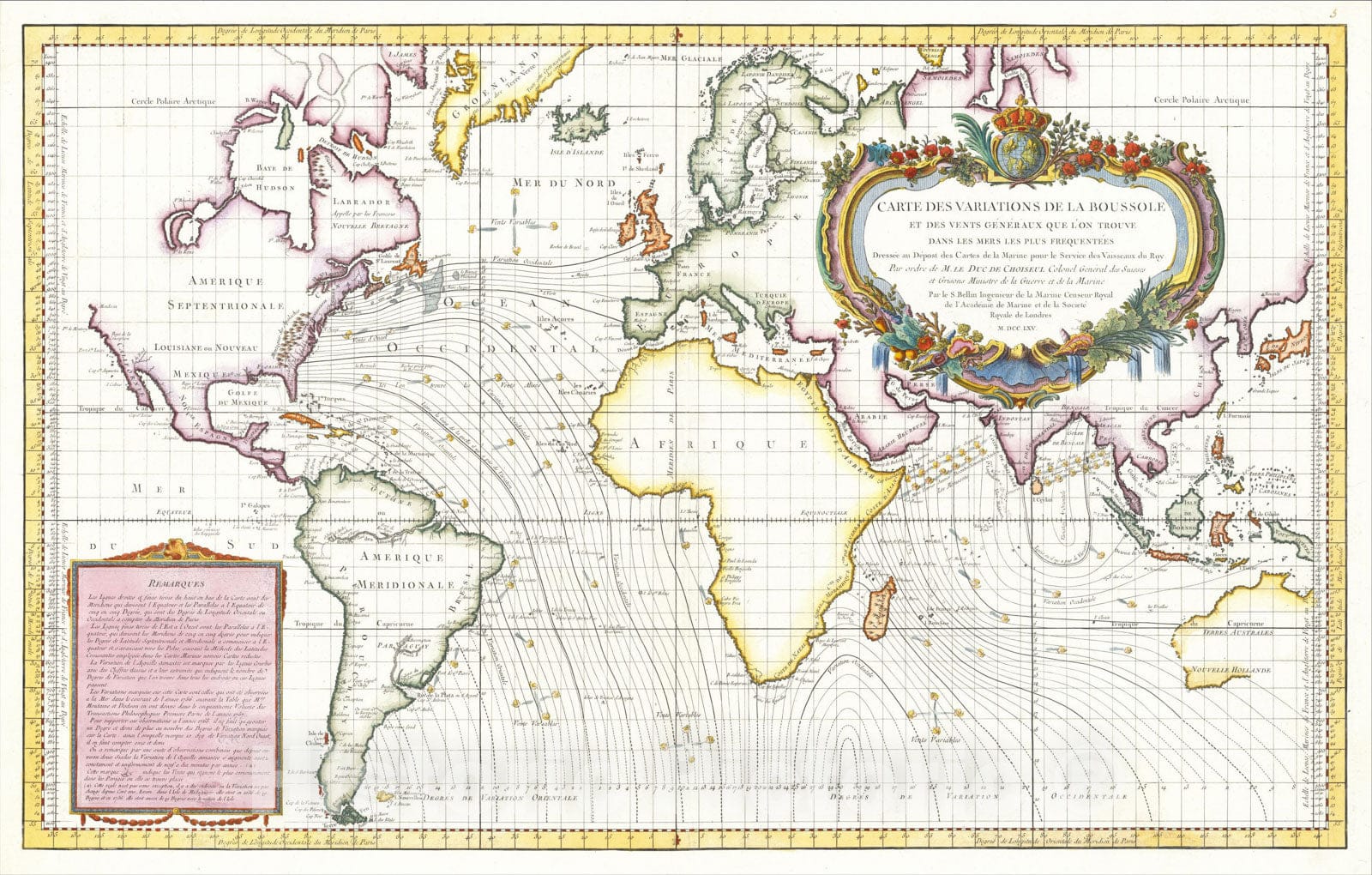 Historic Map : Carte Des Variations De La Boussole et Des Vents Generaux Que L'on Trouve Dans Les Mers Les Plus Frequentees, 1765, Depot de la Marine, v2, Vintage Wall Art