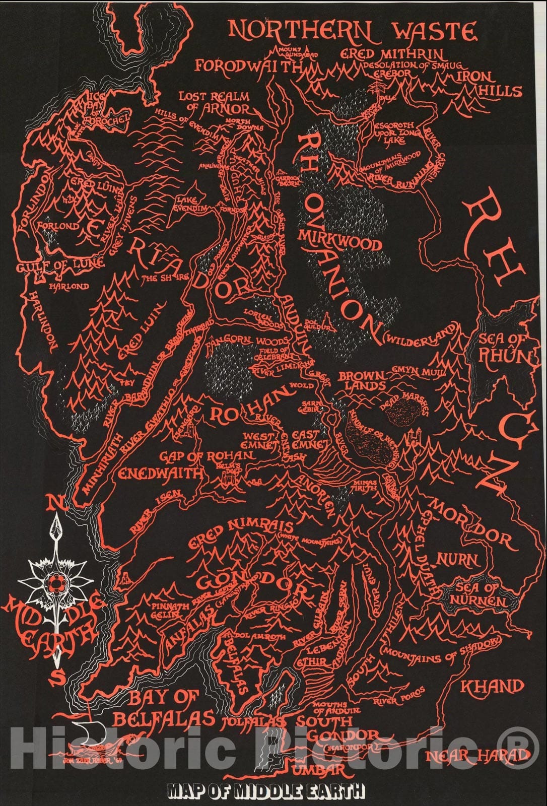 Historic Map : Map of Middle Earth (Blacklight Poster), c1969, Jon Zarr Haber, Vintage Wall Art