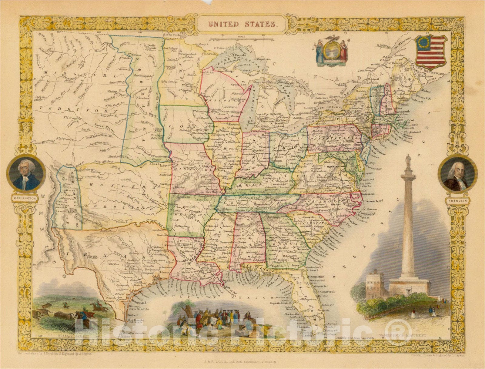 Historic Map : United States, 1851, John Tallis, v1, Vintage Wall Art